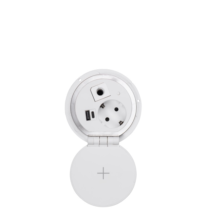 Блок розеток 51 1 секции серебро+белый механичский d-80мм 2 USB беспроводная зарядка